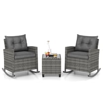 Gymax Set of 3 Wicker Rocking Set Patio w/ Tempered Glass Table & Soft Cushions Gray