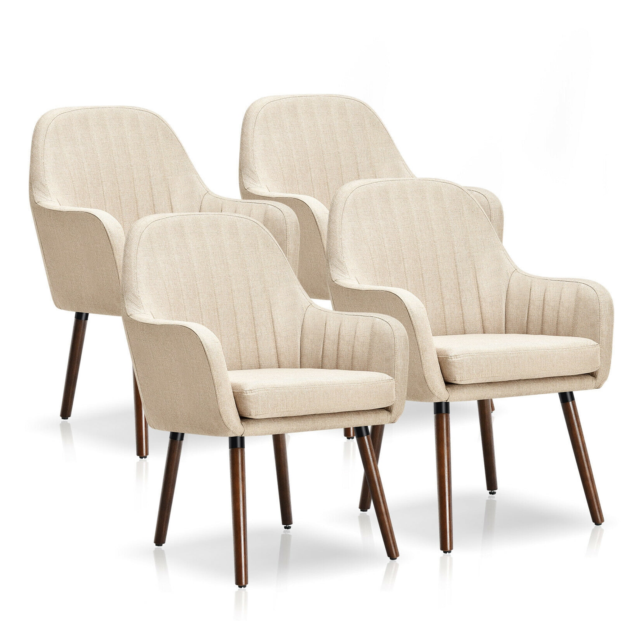 Beige Linen Upholstered Armchairs with Wooden Legs, Set of 4