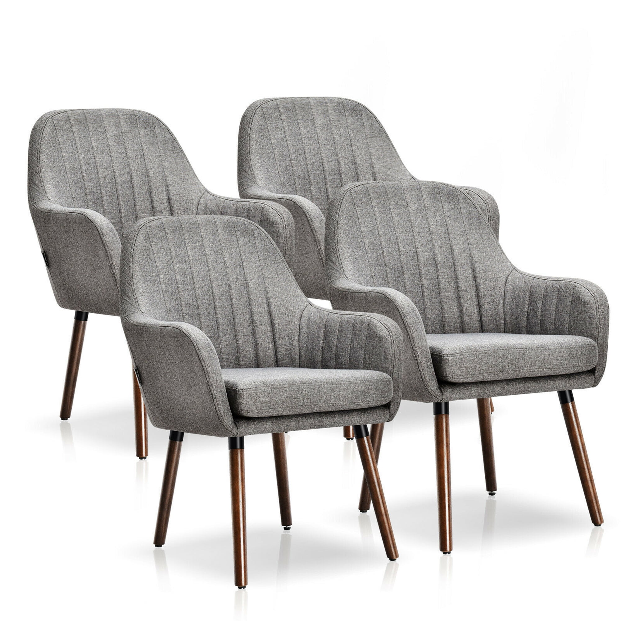 Set of 4 Gray Linen Upholstered Accent Chairs with Rubber Wood Legs