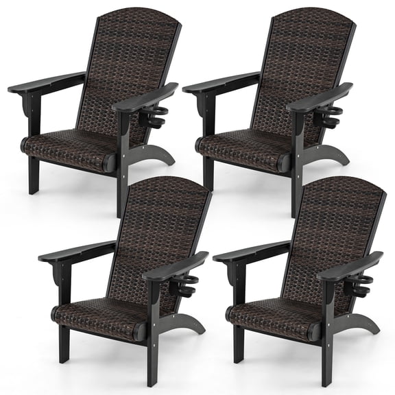 Gymax Set of 4 Adirondack Chair w/ Rattan Padded Seat & Back Wide Hidden Cupholder Patio Black