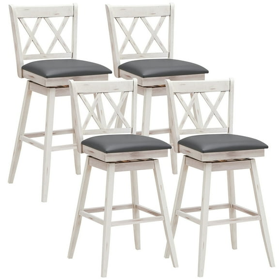 Gymax Set of 4 Barstools Swivel Bar Height Chairs with Rubber Wood Legs Antique White