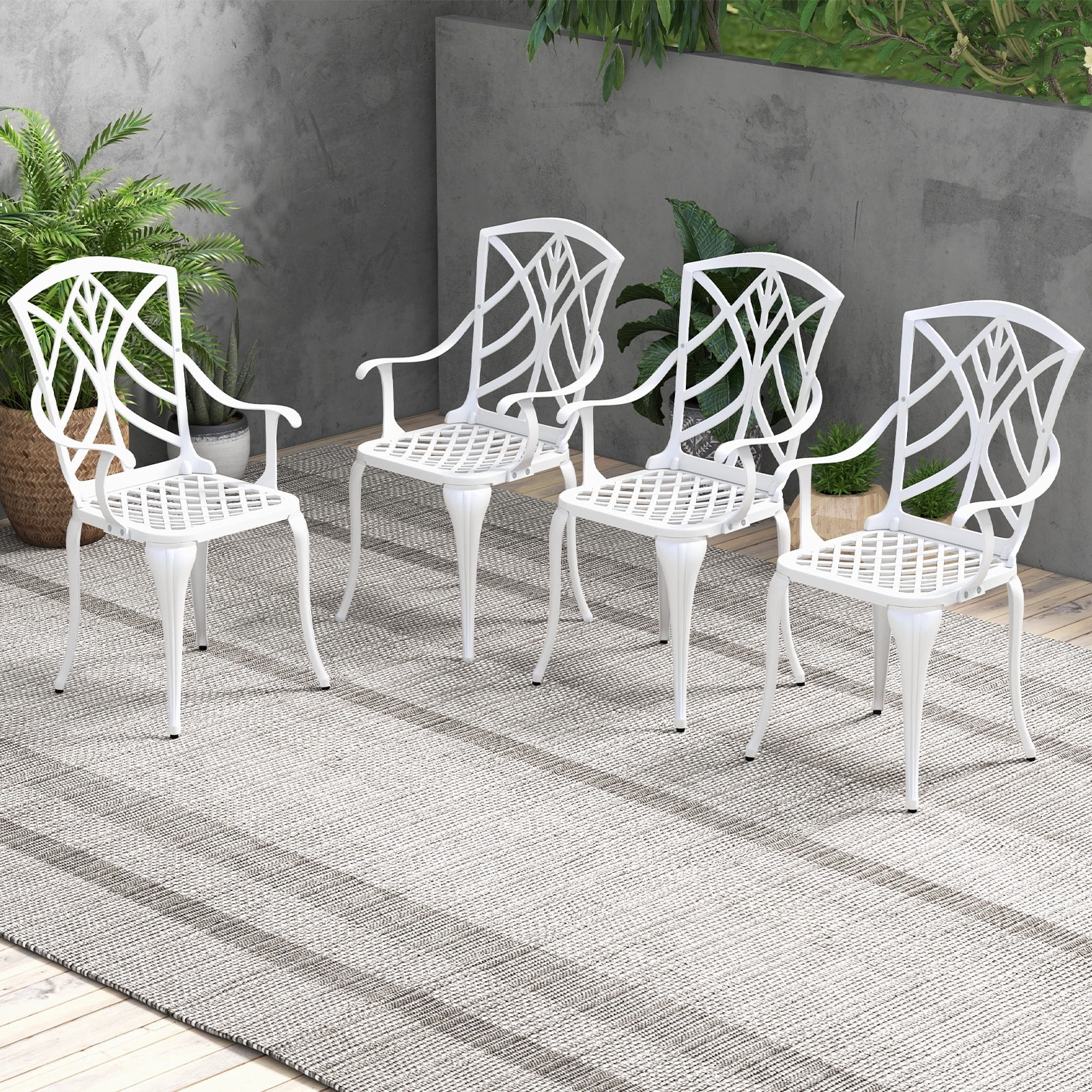 Gymax Outdoor Dining Chairs Set of 4 All Weather Cast Aluminum High Back Patio Chairs w/ Armrest for Backyard Garden Balcony White