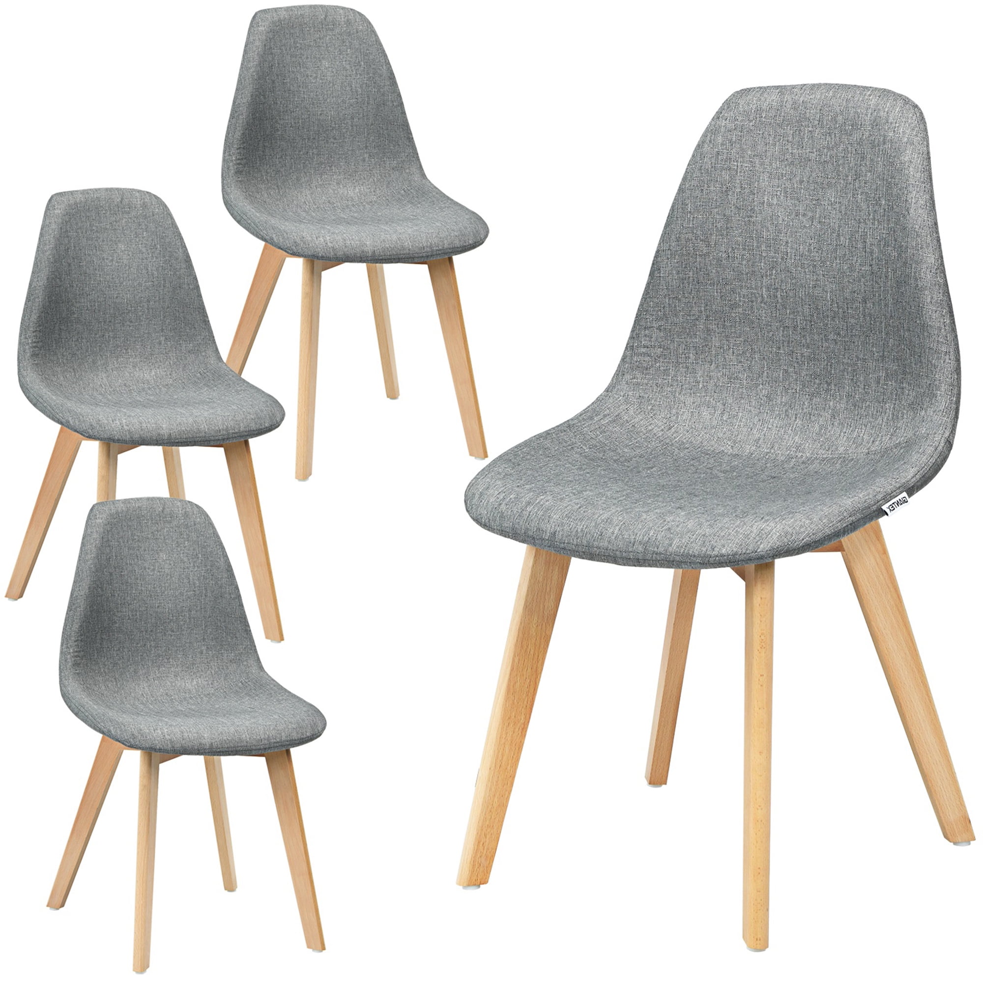 Gray Linen Upholstered Side Chair with Wood Legs, Set of 4
