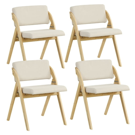 Gymax Set of 4 Dining Chairs Folding Kitchen Chair w/ Rubber Wood Legs Padded Seat Natural & Beige