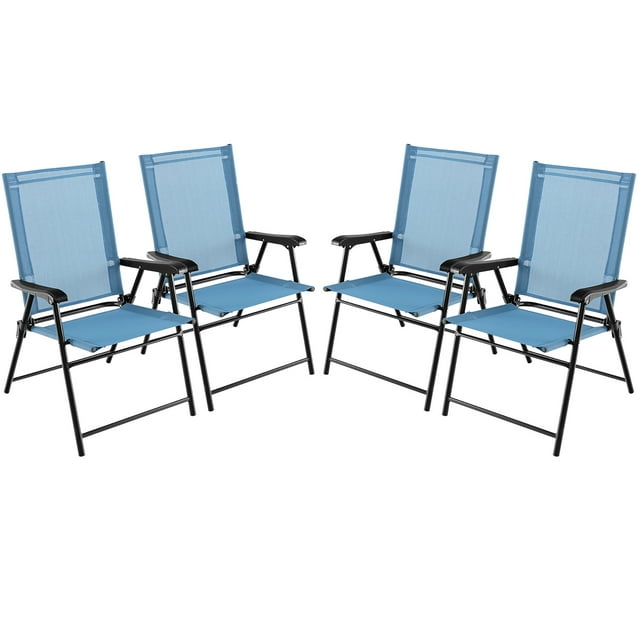 Gymax Set of 4 Patio Folding Chairs Outdoor Portable Pack Lawn Chairs w/ Armrests Blue