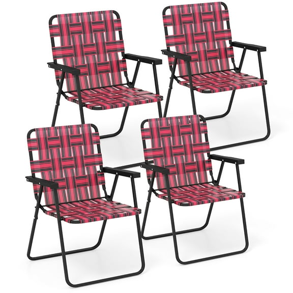 Gymax Set of 4 Patio Folding Web Chair Set Portable Beach Camping Chair Red
