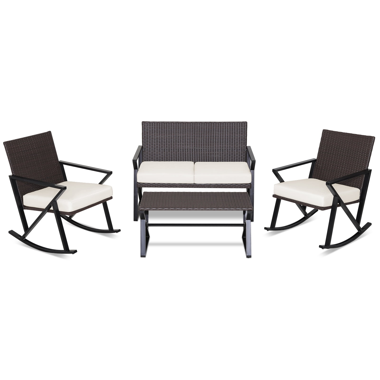 Gymax Set of 4 Patio Rattan Wicker Rocking Chairs Loveseat Table Rocker ...