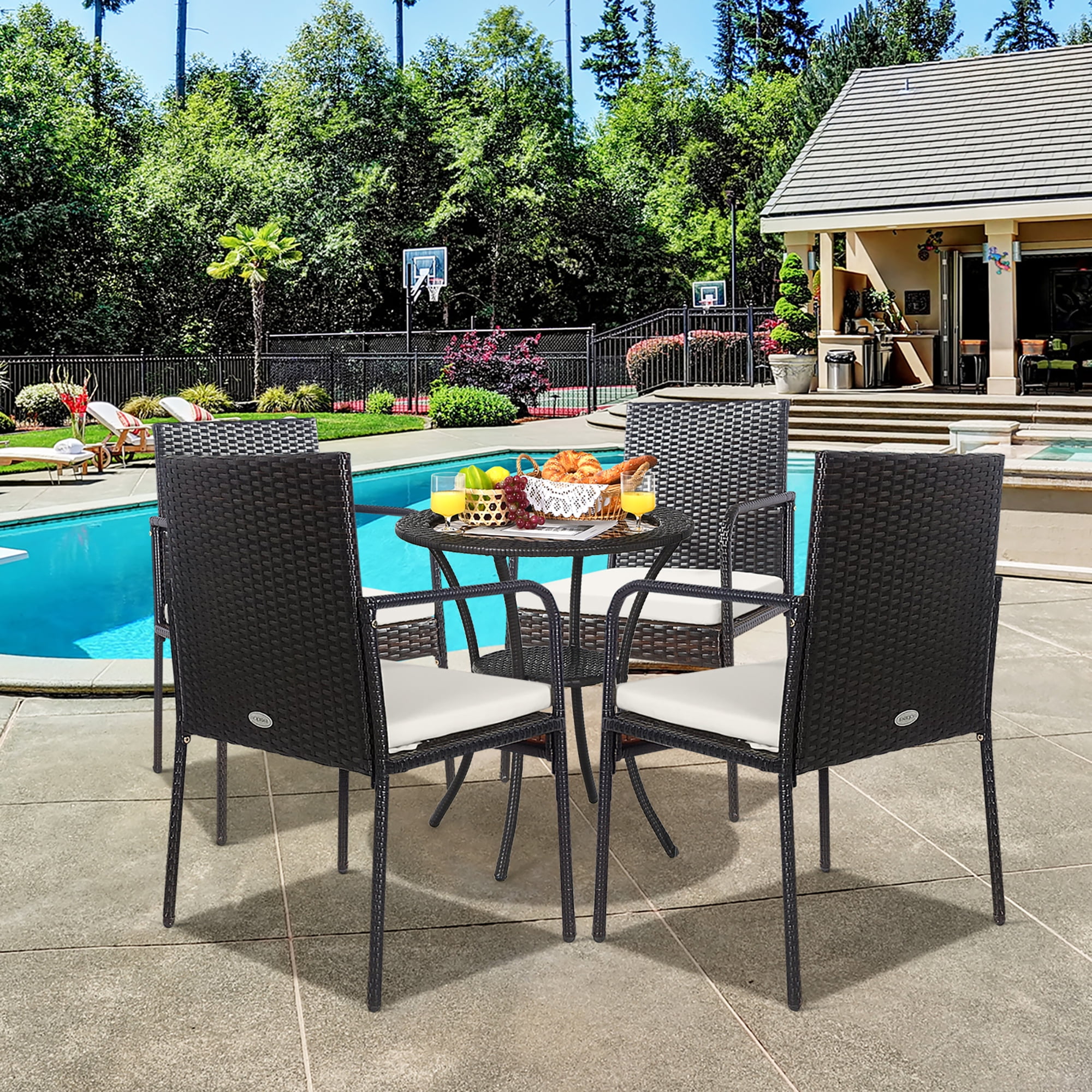 Gymax Set of 4 Rattan Wicker Dining Chairs Patio Outdoor w/ Cushion Armrest
