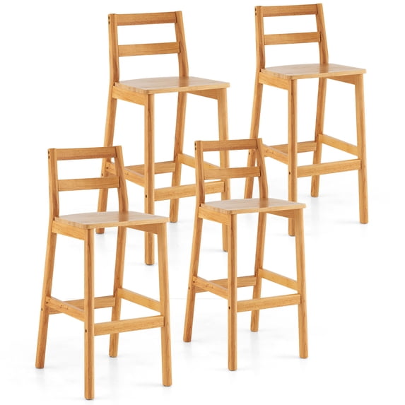 Gymax Set of 4 Solid Rubber Wood Bar Stools 28'' Dining Chairs w/ Backrests Natural