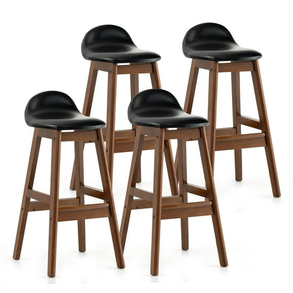 Gymax Set of 4 Upholstered PU Leather Barstools 27.5'' Wooden Dining Chairs Black & Brown