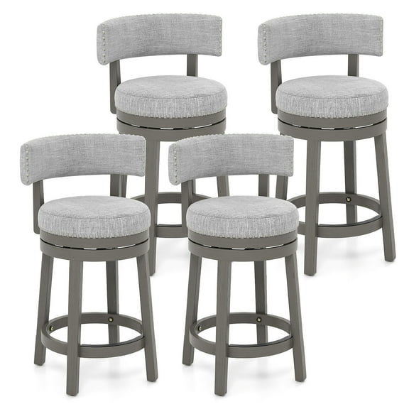Gymax Set of 4 Upholstered Swivel Bar Stools Wooden Counter Height Kitchen Chairs Grey