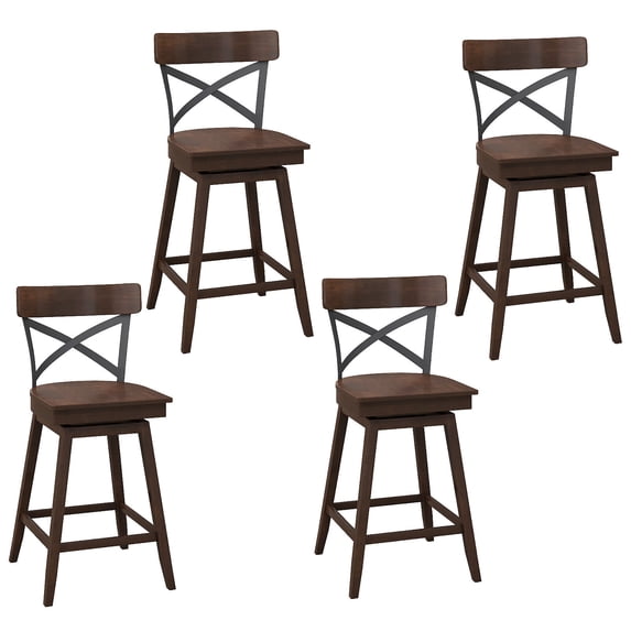 Gymax Set of 4 Wooden Swivel Bar Stools Counter Height Kitchen Chairs with Back Brown