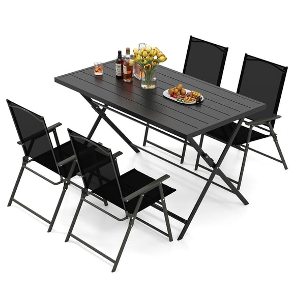 Gymax Set of 5 Foldable Outdoor Dining SetLarge Rectangular Metal Table 4 Mesh Armchairs