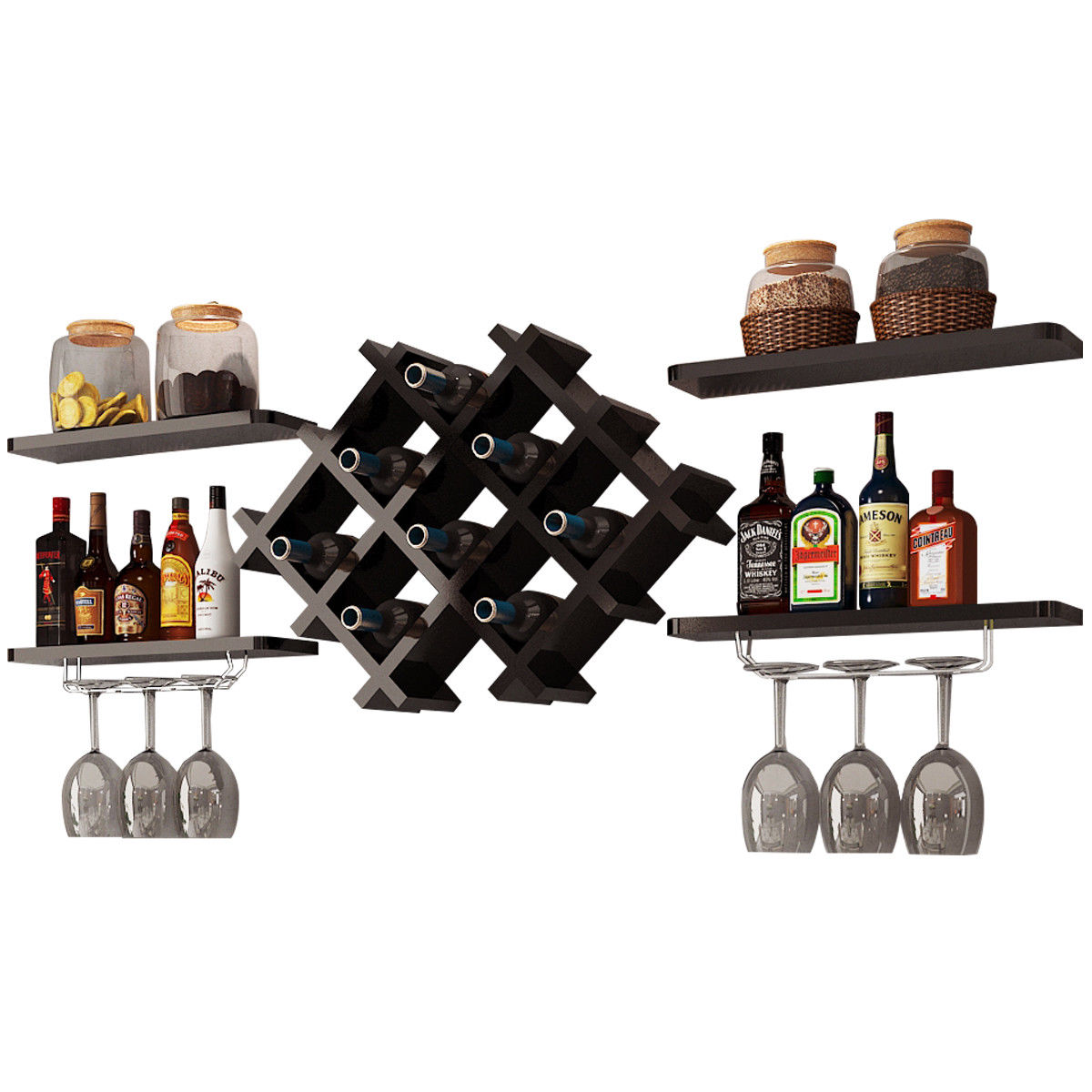 Gymax Set of 5 Wall Mount Wine Rack Set Storage Shelves Glass Holder Black
