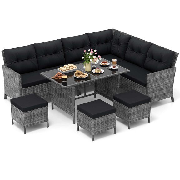 Gymax Set of 7 Dining Furniture Set PE Rattan Sectional Sofa Set Patio Black