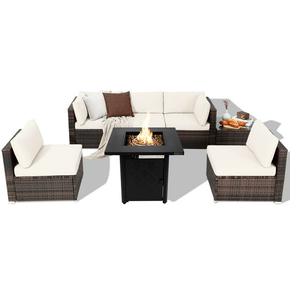 Gymax Set of 7 Patio Furniture Set w/ 28'' 50000 BTU Propane Gas Fire Pit Table Cushions White