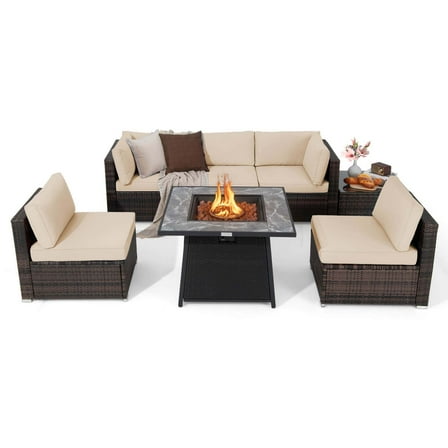 Gymax Set of 7 Patio Furniture Set w/ 35'' Propane Gas Fire Pit Table & Waterproof Cover Beige