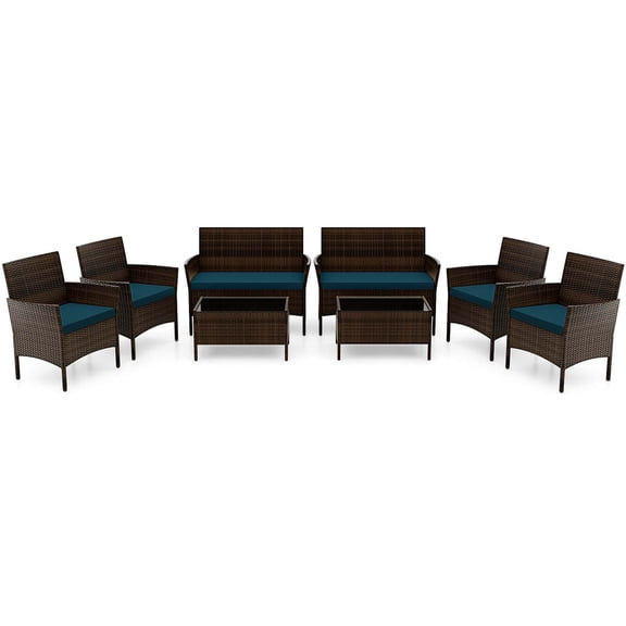Gymax Set of 8 Furniture Set w/ Washable Cushions & Tempered Glass Coffee Table Blue