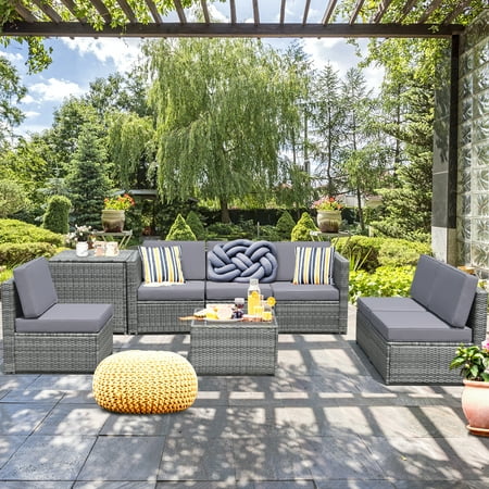 Gymax Set of 8 Rattan Patio Outdoor Wicker Sectional Cushioned Sofa & Table Furniture set, Gray