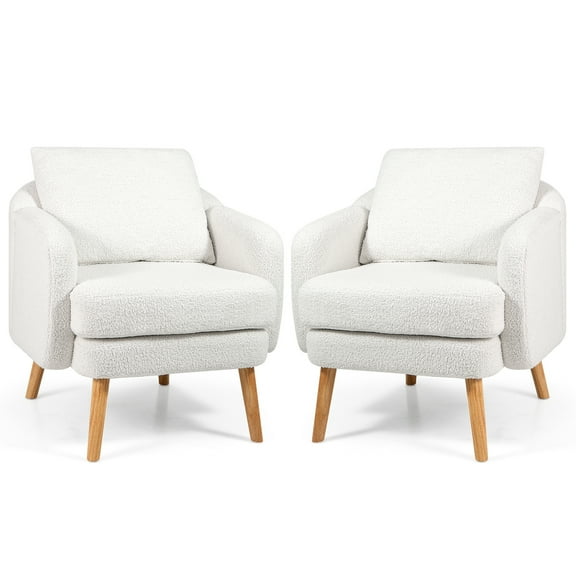 Gymax Sherpa Accent Chair Set of 2 w/ Seat Cushion & Pillow Rubber Wood Legs for Bedroom White