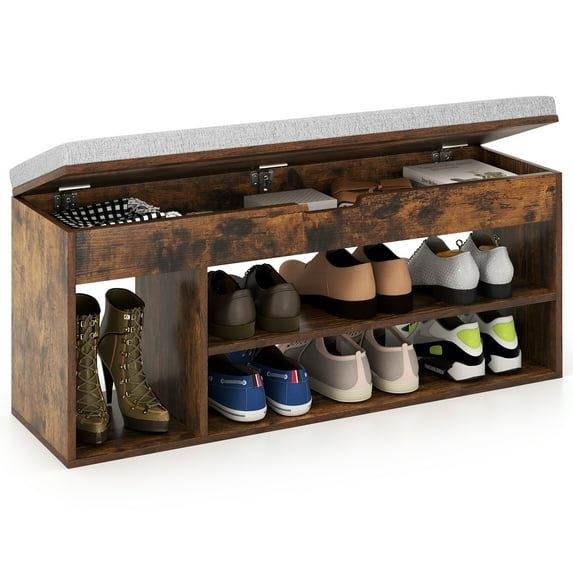 Gymax Shoe Bench Home Entryway Shoes Storage Bench w/ Padded Seat & Hidden Storage Brown