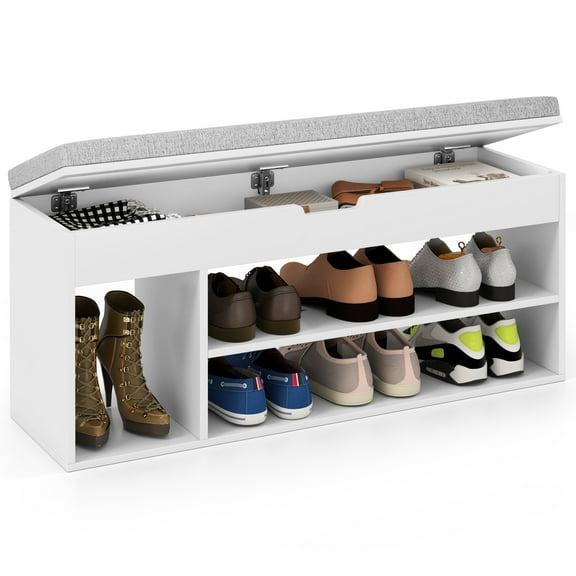 Gymax Shoe Bench Home Entryway Shoes Storage Bench w/ Padded Seat & Hidden Storage White
