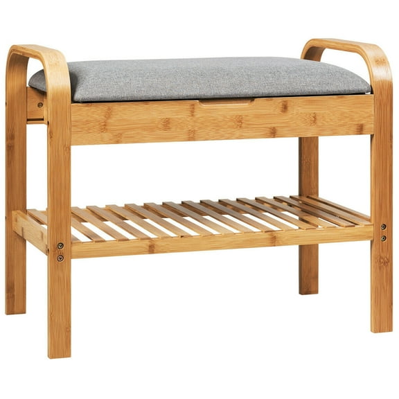 Gymax Shoe Rack Bench Bamboo W/Cushioned Seat&Storage Shelf Padded Seat Shoe Bench