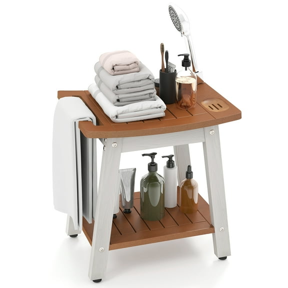 Gymax Shower Bench Seat HIPS Shower Stool w/Handle Shower Head & Soap Holder Brown & White