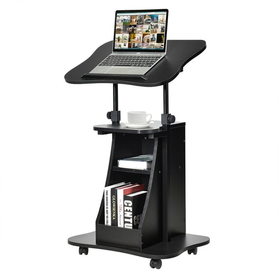 Gymax Sit-to-Stand Laptop Desk Cart Rolling Mobile Height Adjustable w/ Storage Black