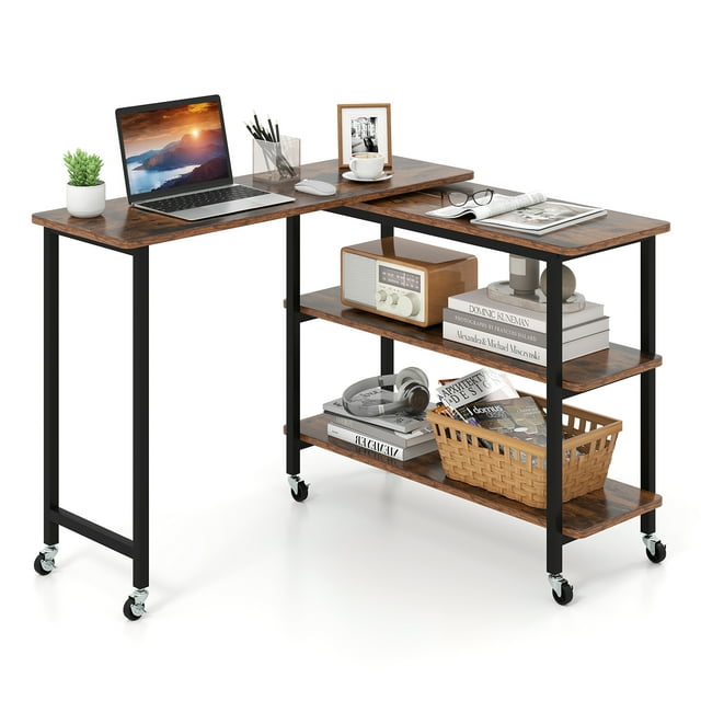 Gymax 360° Free Rotating Sofa Side Table Mobile L-shaped Laptop Table w/ Sliding Tabletop