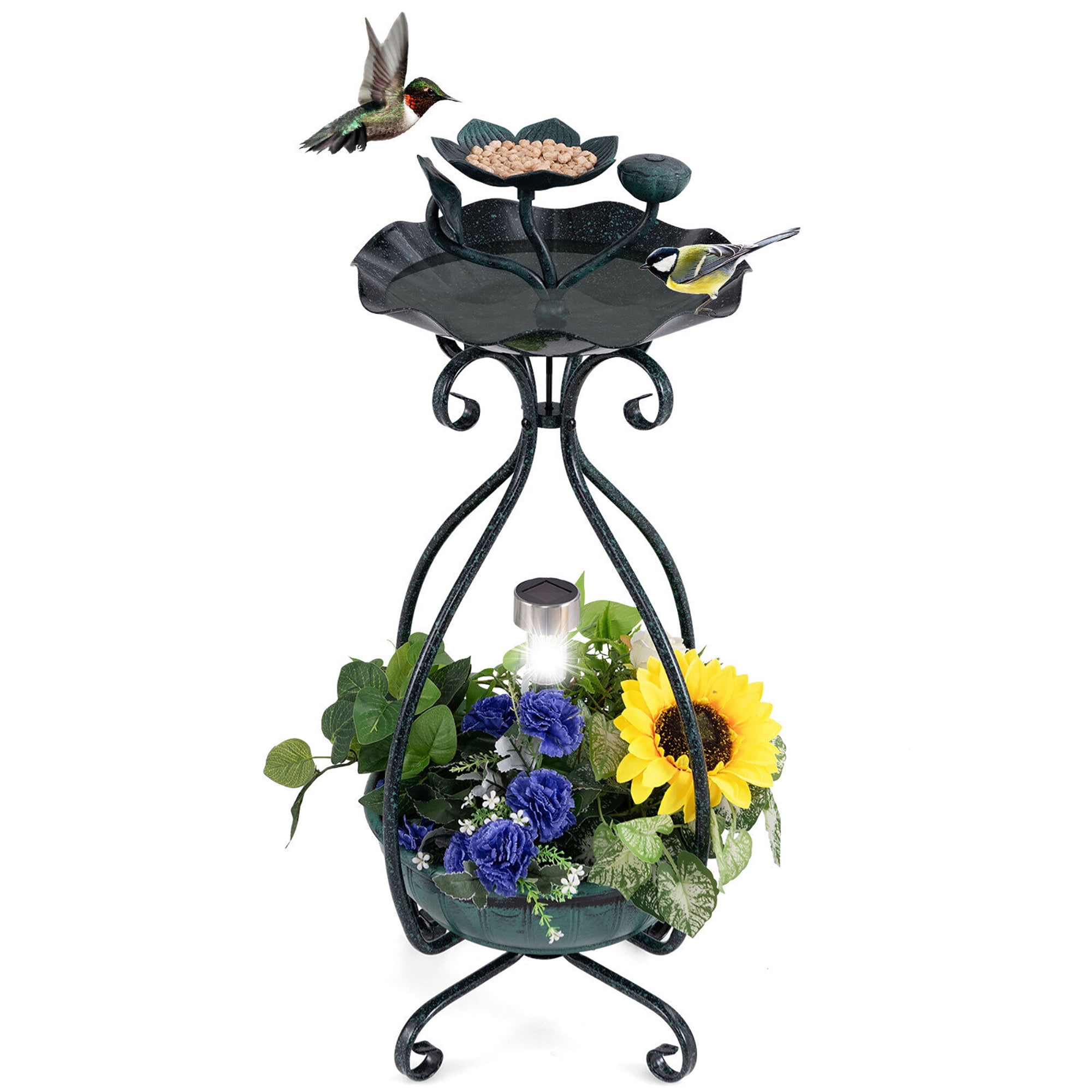 Gymax Solar Outdoor Bird Bath & Feeder Combo w/ Flower Planter Pedestal ...