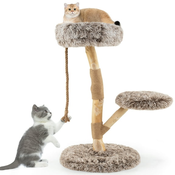 Gymax Solid Wood Cat Tower Modern Cat Scratching Tree w/Luxurious Perch Teasing Rope