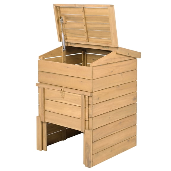 Gymax Solid Wood Compost Bin with Lockable Sliding Door Flip-top Opening Gas Rods