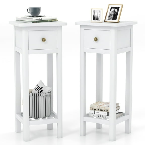 Gymax Solid Wood Side Table Rectangular 2PCS Sofa Side Table w/ Acacia Wood Top Telephone Table White