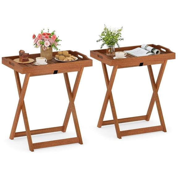 Gymax Solid Wood Tray Table Set of 2 w/Removable Top Rectangular TV Tray Bistro Table