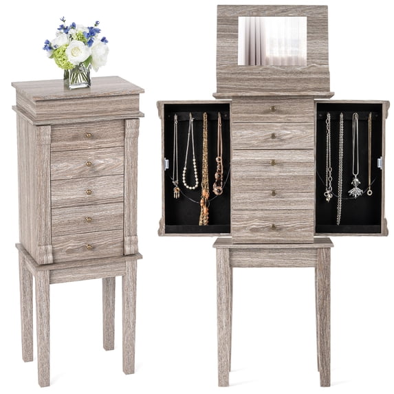 Gymax Standing Jewelry Cabinet Storage Organizer Wood Legs Mirror&5 Drawers Christmas Gift