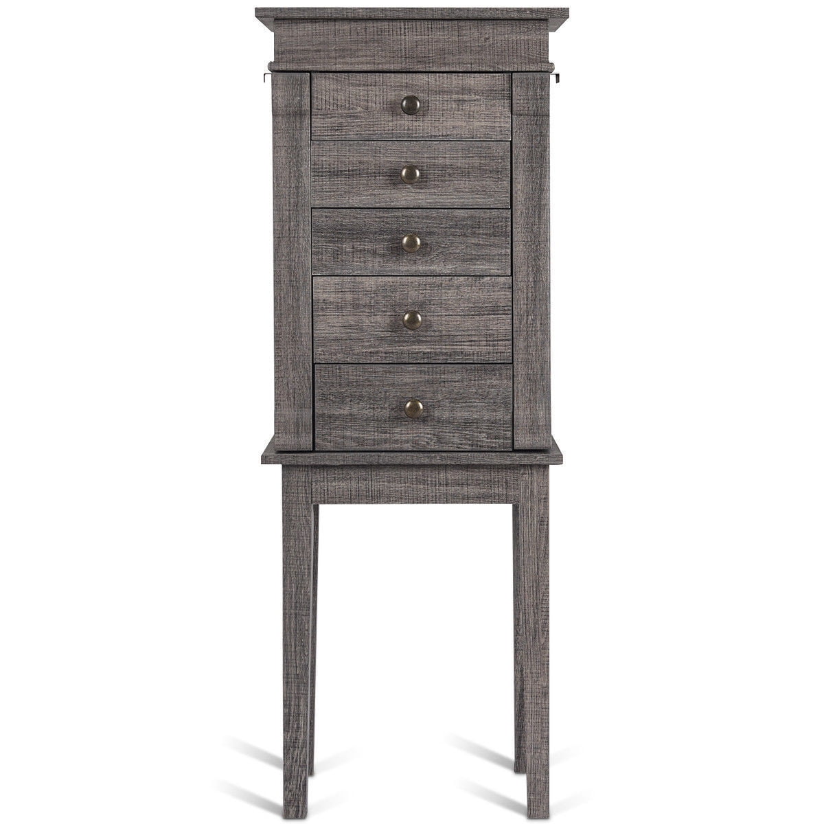 Gymax Standing Jewelry Mirror Cabinet Storage Organizer Wood Legs & 5 Drawers Christmas Gift