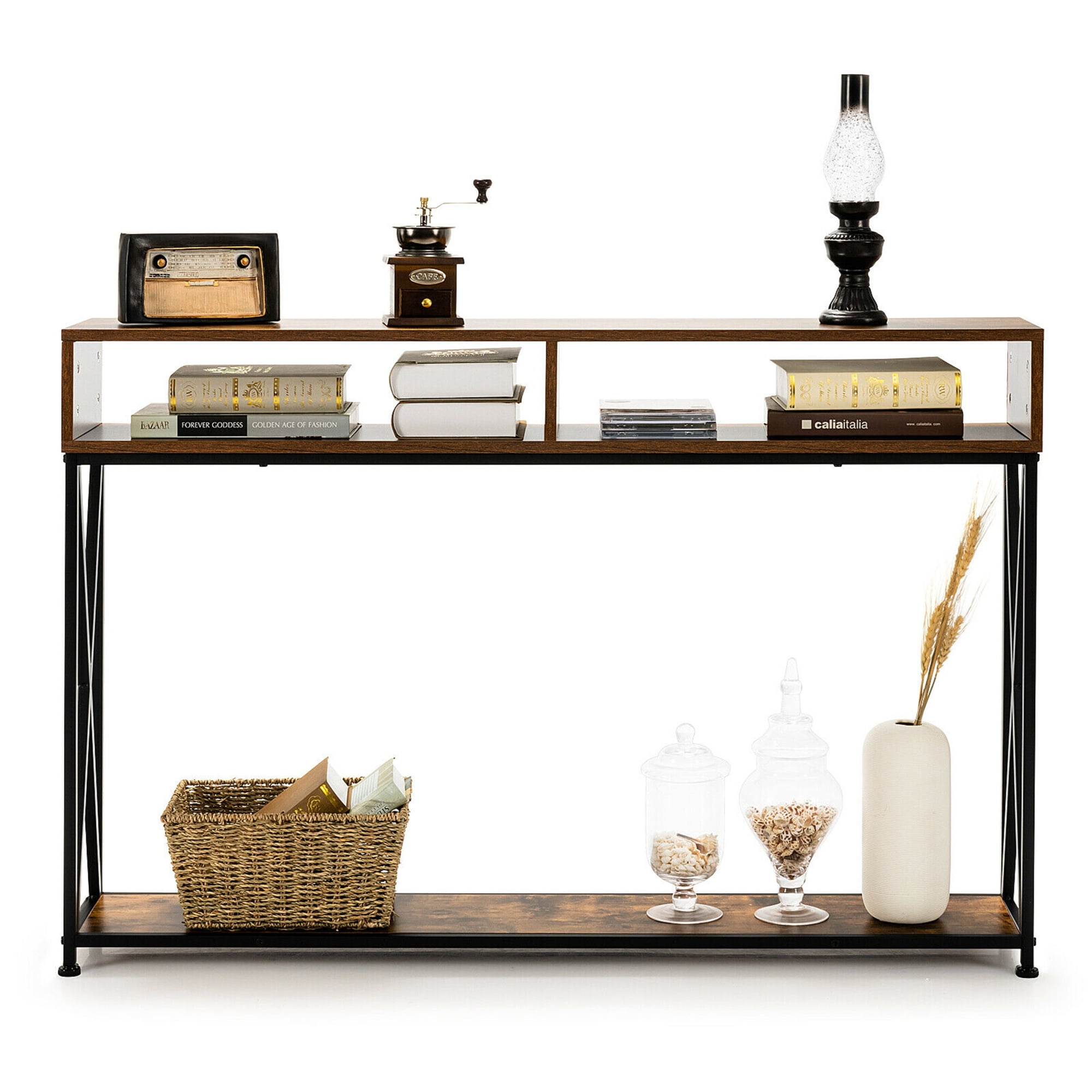 Gymax Steel Frame Console Table with Open Shelf and Storage ...
