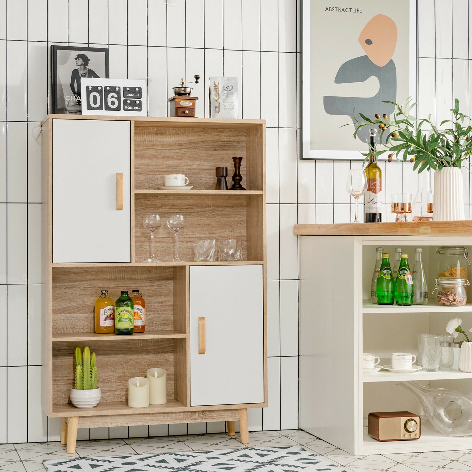 Gymax Storage Cabinet with 2 Doors, White/Natural