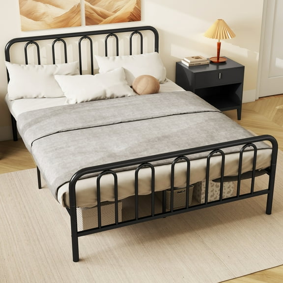 Gymax Stylish Queen Size Metal Bed Frame Platform Bed Base w/ Headboard & Footboard