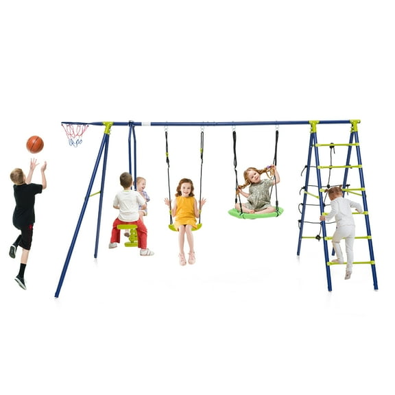 Gymax Swing Set for Backyard w/ 2 Height Adjustable Swings Glider Basketball Hoop Green & Blue