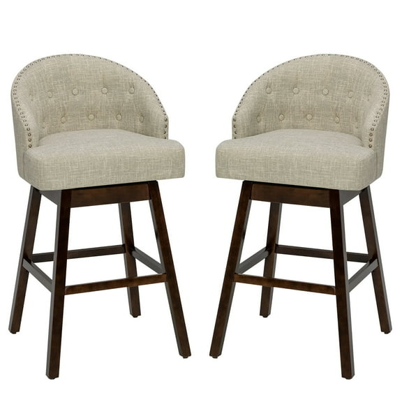 Gymax Swivel Tufted Bar Height Pub Chairs with Rubber Wood Legs, Beige (Set of 2)