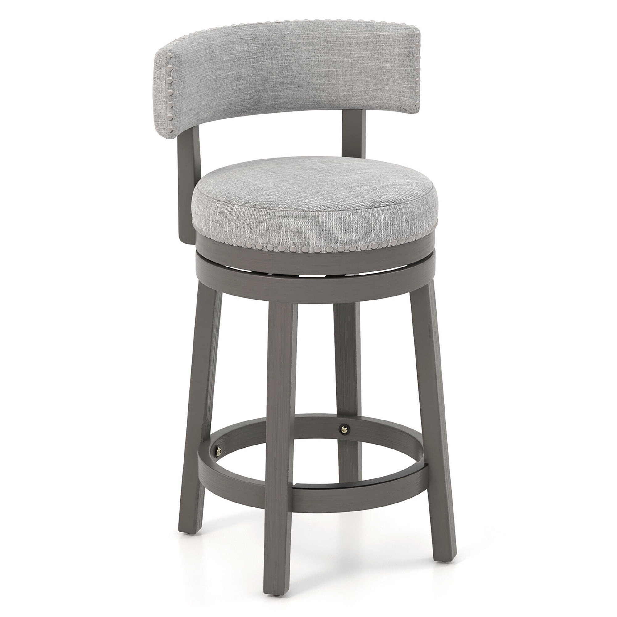 Gray Upholstered Swivel Bar Stool with Rubber Wood Legs