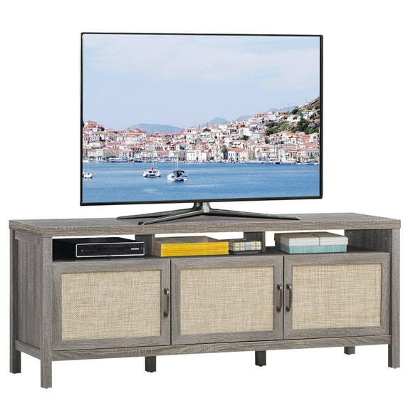 Gymax TV Stand Entertainment Media Center for TV's up to 65'' w/ Rattan Doors Grey Oak