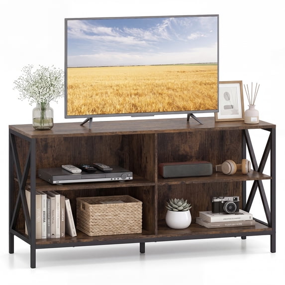 Gymax TV Stand for TVs up to 55'' 48'' Entertainment Center w/ 4 Open Storage Shelves, Wooden TV Cabinet with Raised Metal Legs