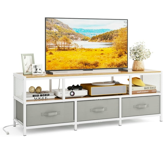 Gymax TV Stand for TVs up to 65'' w/ Power Outlets USB Charging Open Shelf Natural