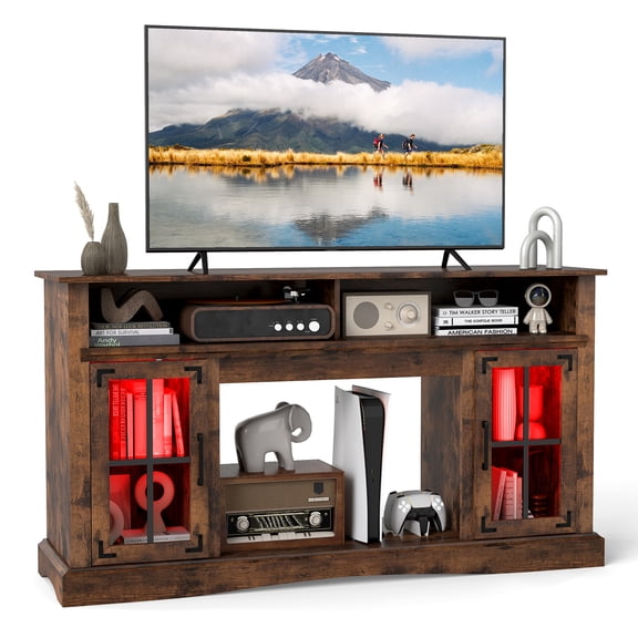 Gymax TV Stand w/LED Lights & Remote Control Storage Cabinets & Adjustable Shelves Brown