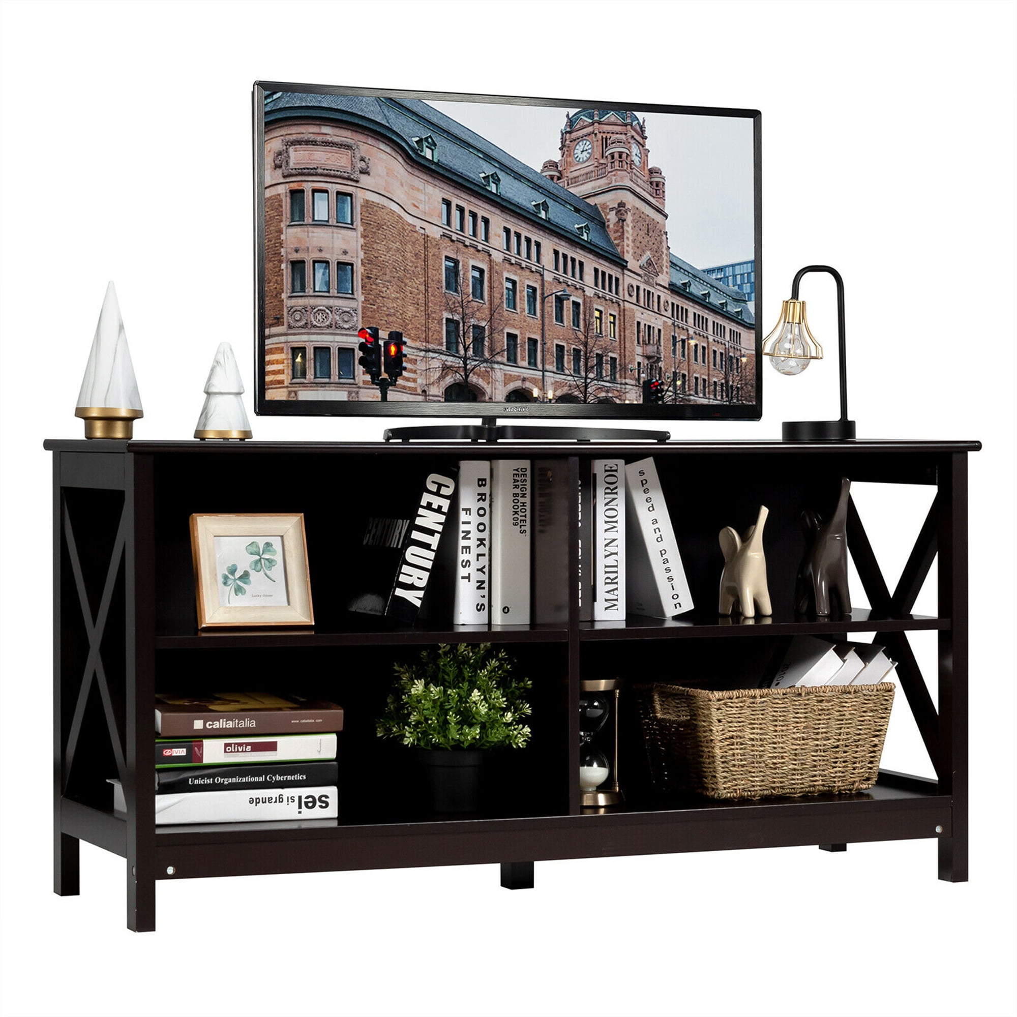 Gymax TV Stand with Storage Shelves for TVs up to 55", Brown