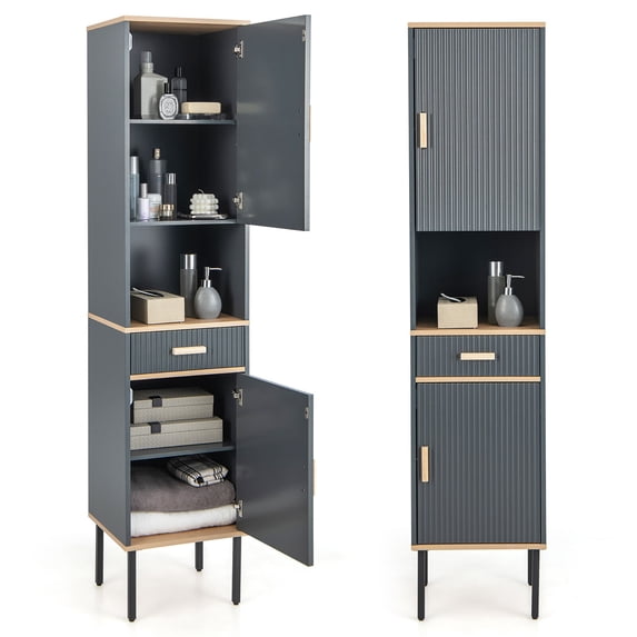 Gymax Tall Bathroom Storage Cabinet Freestanding Narrow Linen Tower w/ Doors & Drawer