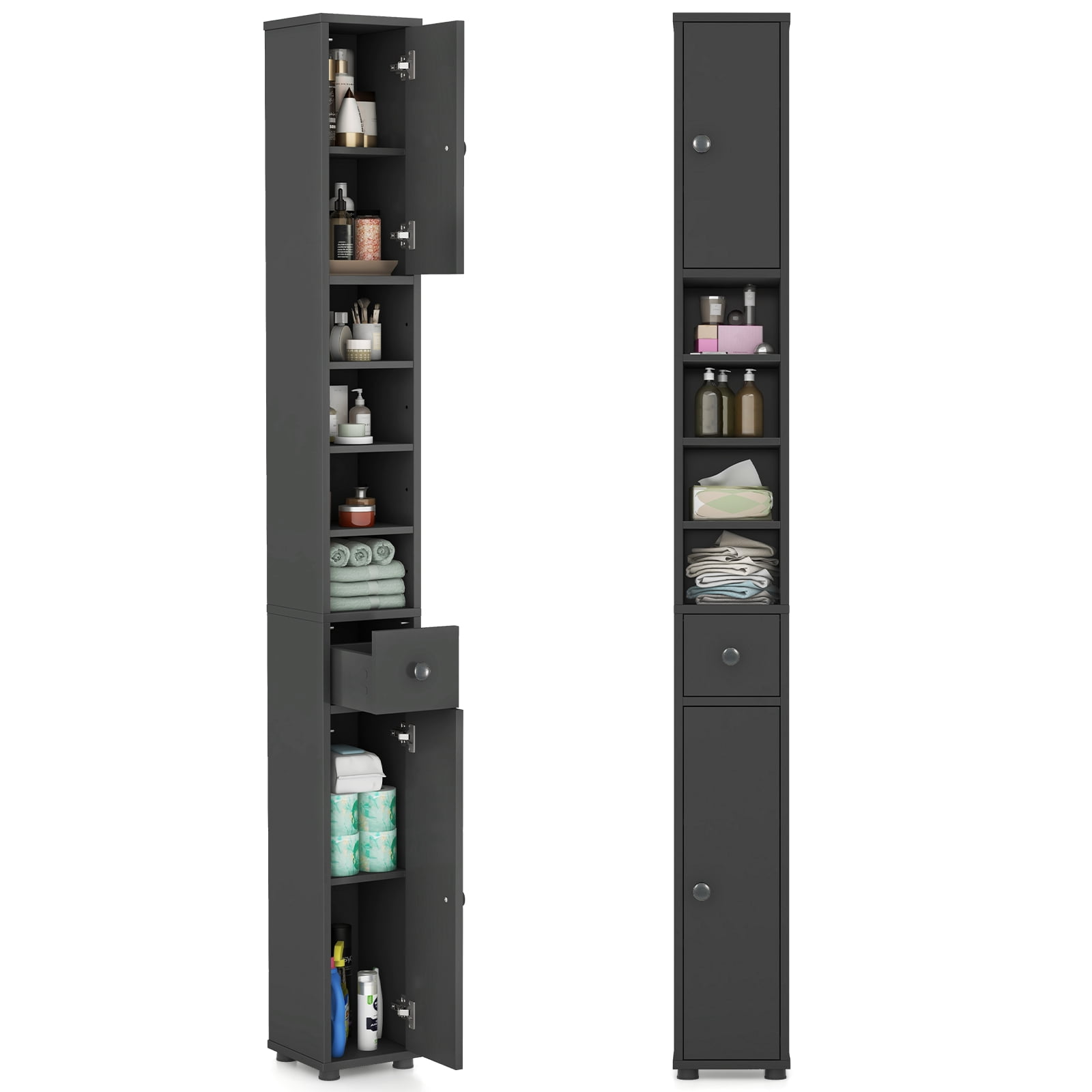 Gymax Tall Slim Bathroom Storage Cabinet Linen Tower w/Drawer Adjustable Shelves Gray